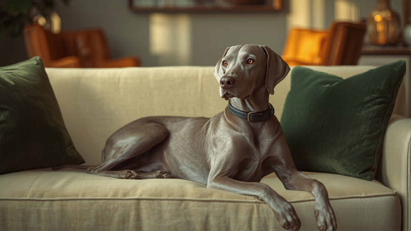 Elegant dog on cream sofa