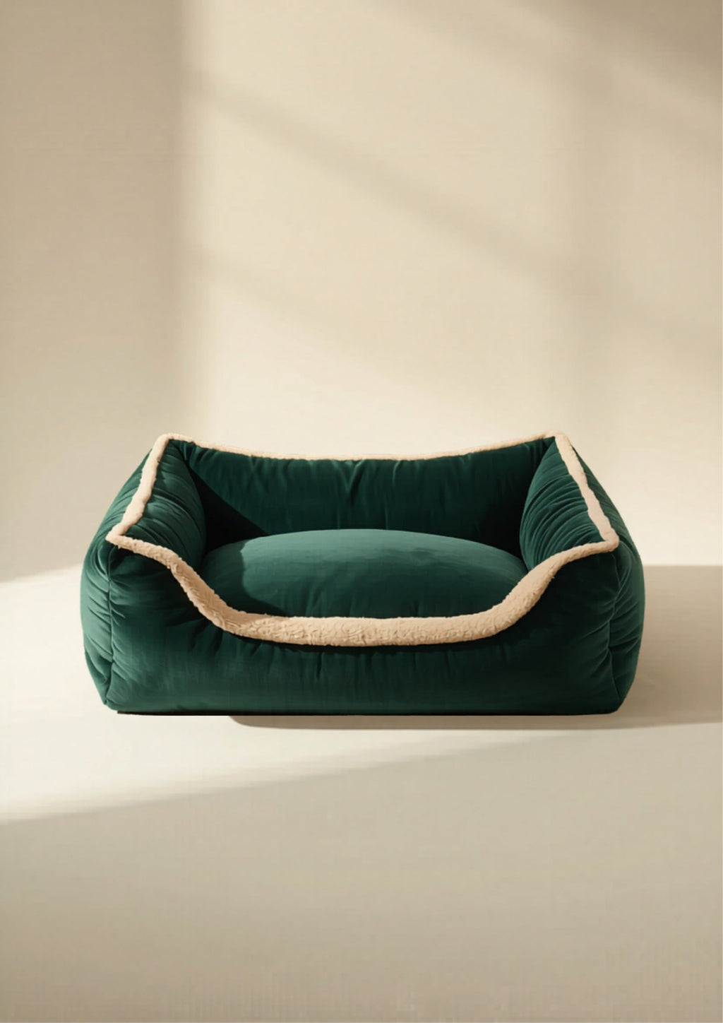 Orah & Hound Cloud Bed - Forest green velvet bolster dog bed with cream sherpa lining