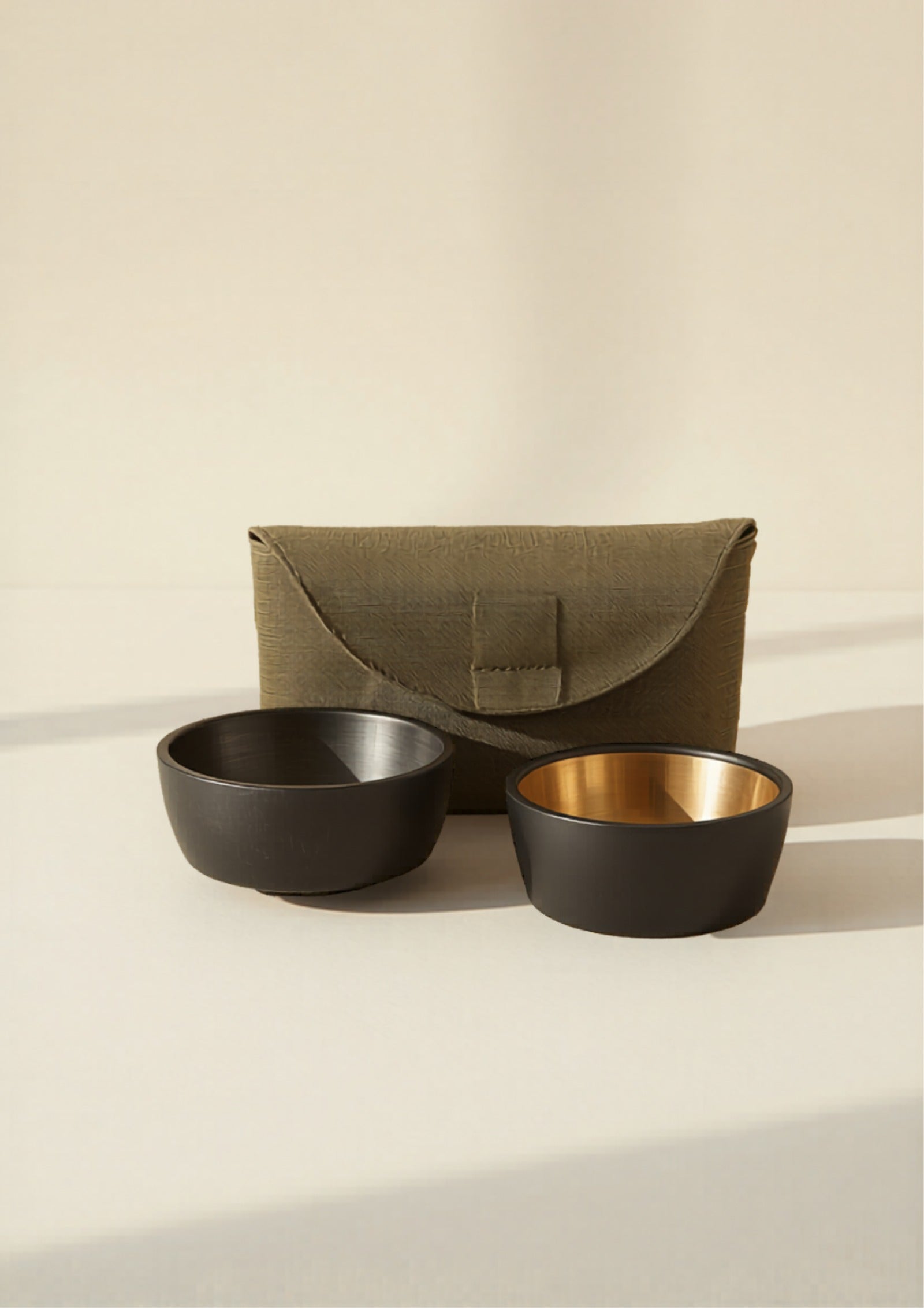 Orah & Hound Travel Bowl Set - Matte black bowls with brass interior and olive canvas case